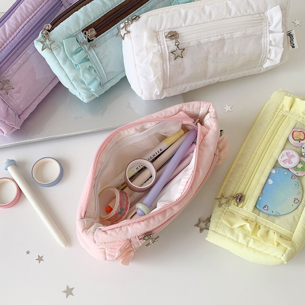 Aesthetic Large Pencil Case Pouch - Gerüschte koreanische Schreibwaren-Tasche aus PVC mit