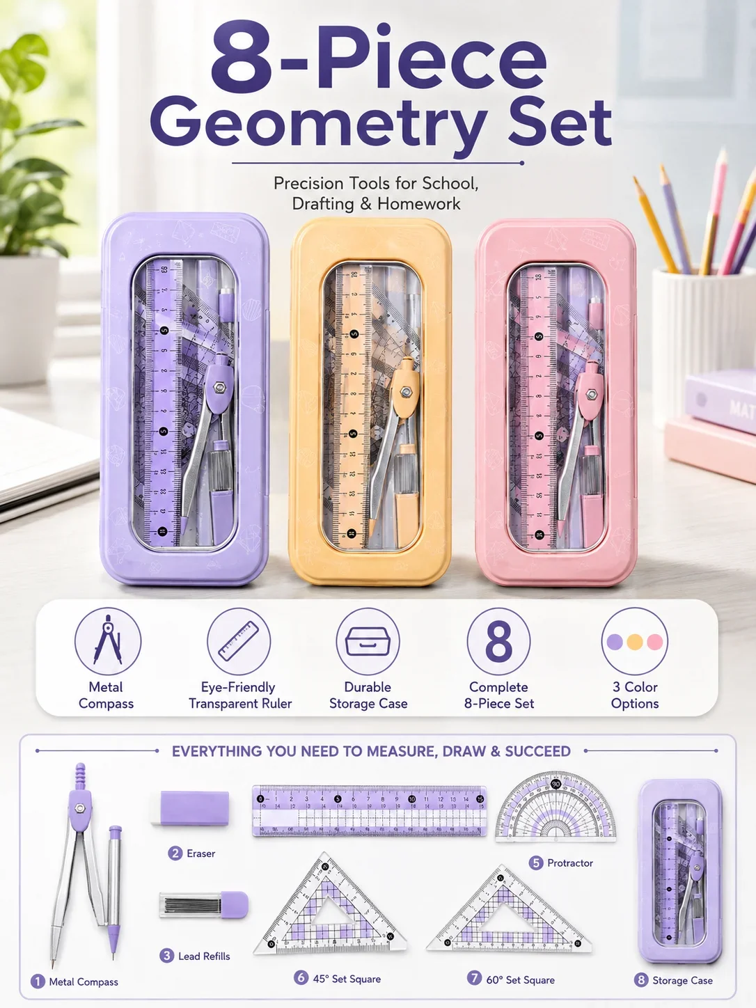 8-teiliges Mathematik-Geometri – Math Geometry Set With Compass Bewertung und Preis